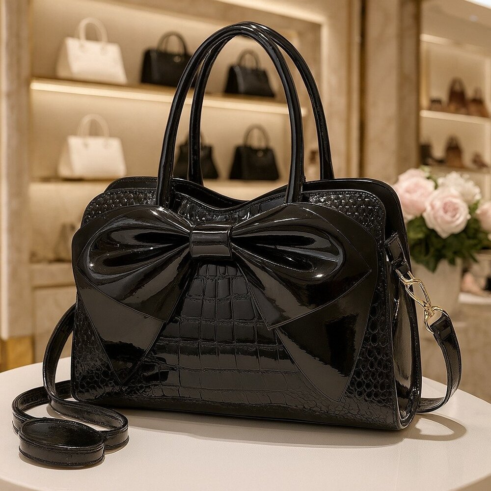Black Crocodile Pattern Bow Handbag | Patent Faux Leather Purse w/ Strap
